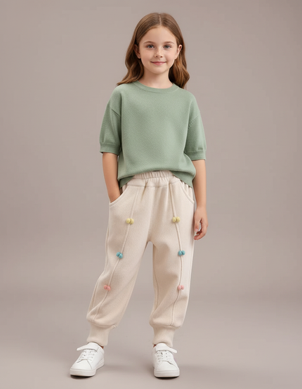 Pantalon Blanc Côtelé Ample Décontracté Pompons Enfant - Beige Maille