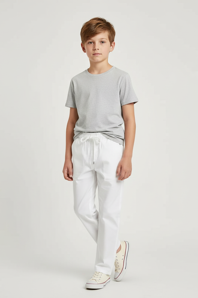 Pantalon Blanc Coton Ample Décontracté Enfant Cordon