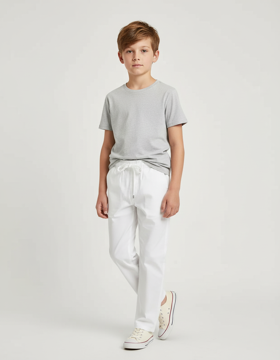 Pantalon Blanc Coton Ample Décontracté Enfant Cordon