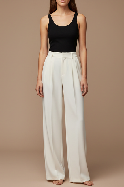Pantalon Blanc Plissé Droit Élégant Femme Fluide - Polyester