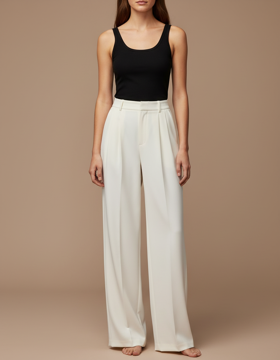 Pantalon Blanc Plissé Droit Élégant Femme Fluide - Polyester