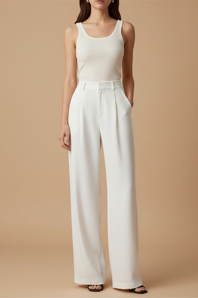 Pantalon Blanc Taille Haute Ample Jambe Large Fluide - Viscose