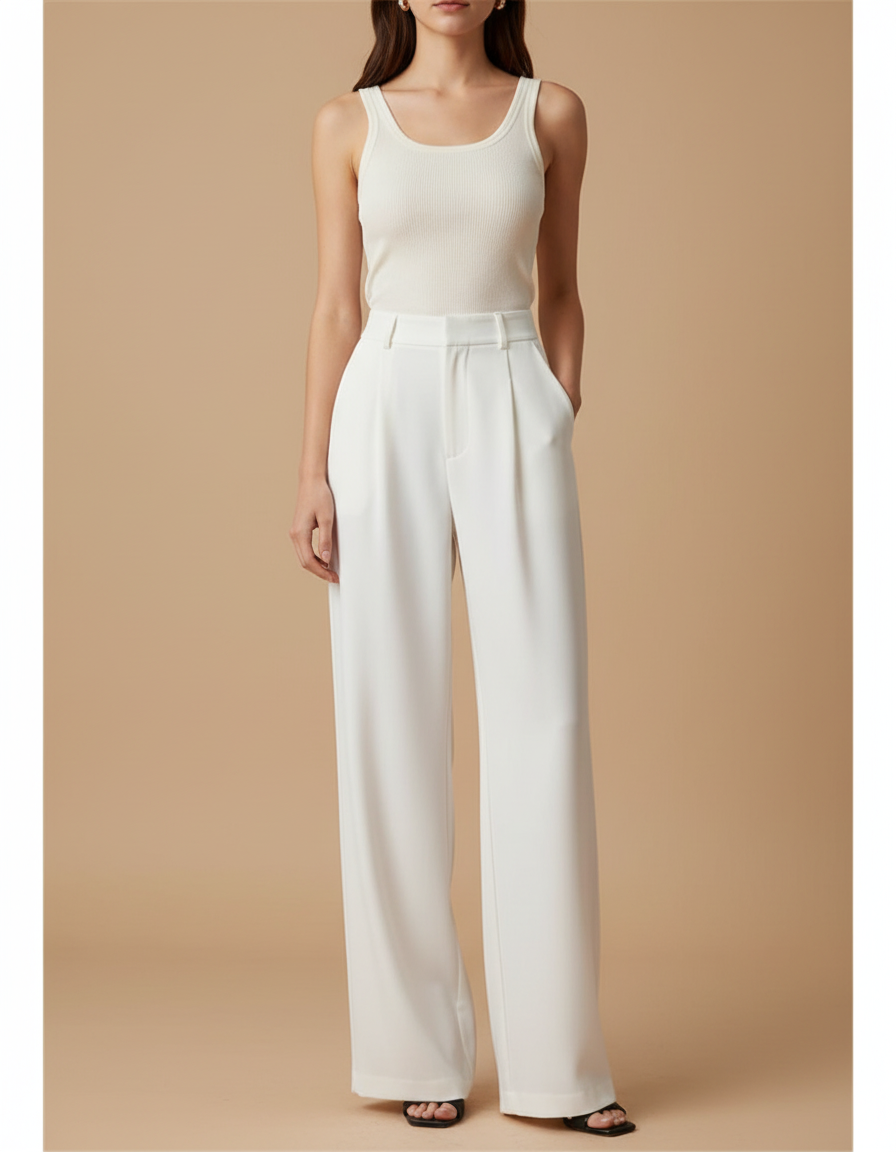 Pantalon Blanc Taille Haute Ample Jambe Large Fluide - Viscose