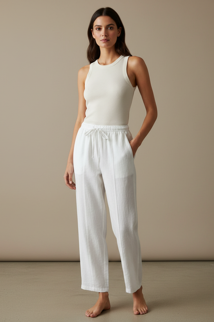 Pantalon Blanc Lin Fluide Décontracté Ample