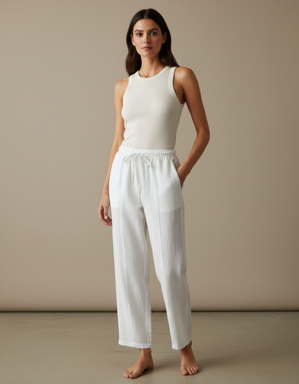 Pantalon Blanc Lin Fluide Décontracté Ample