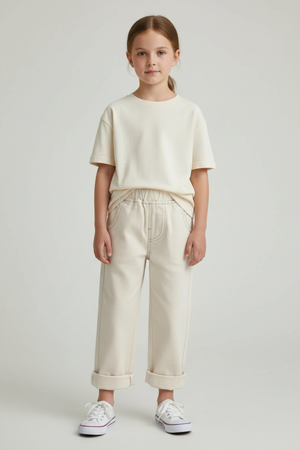 Pantalon Blanc Écru Décontracté Fille Coton - Beige Toile