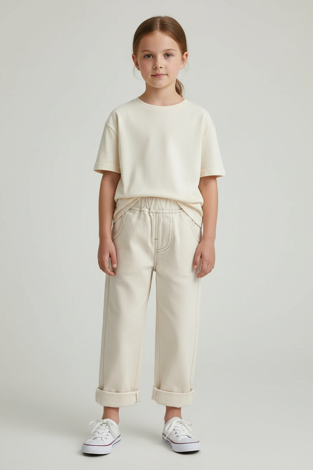 Pantalon Blanc Écru Décontracté Fille Coton - Beige Toile