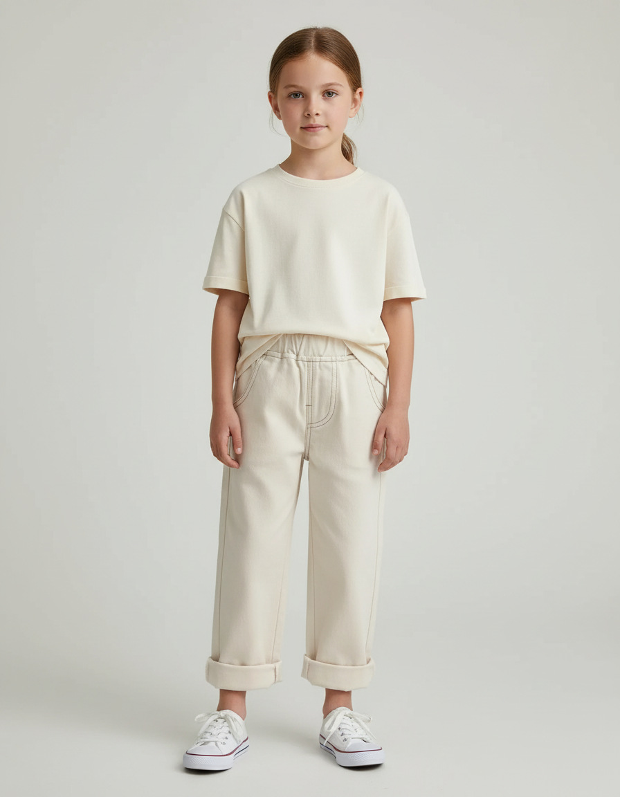 Pantalon Blanc Écru Décontracté Fille Coton - Beige Toile