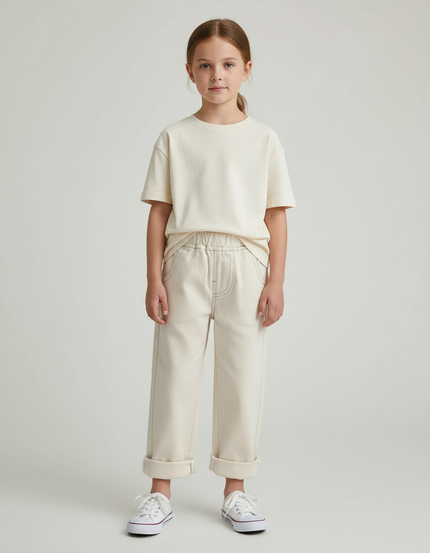 Pantalon Blanc Écru Décontracté Fille Coton - Beige Toile