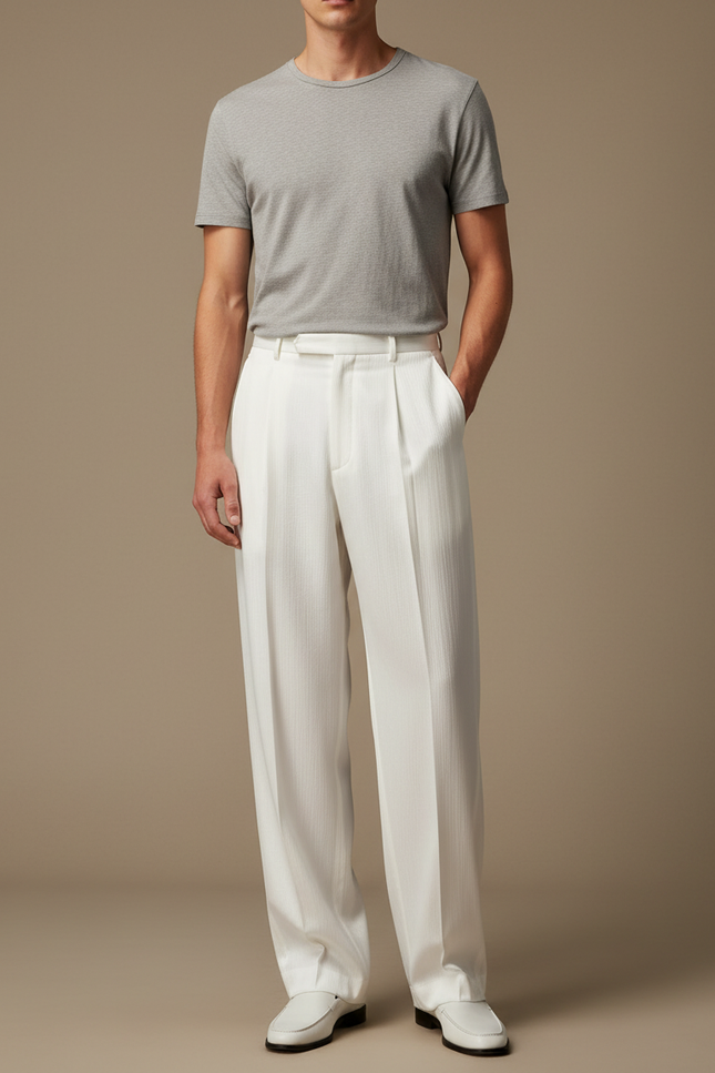 Pantalon Blanc Plissé Ample Droit Élégant Homme - Cordé