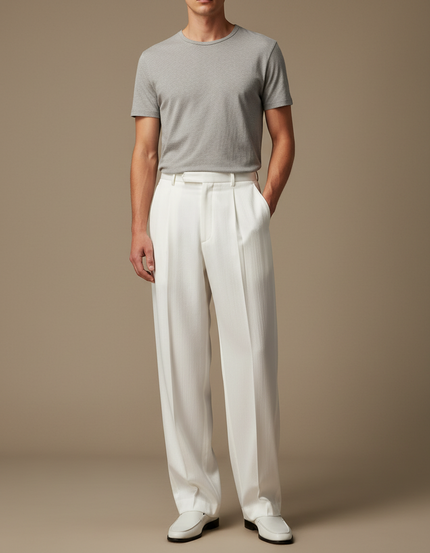 Pantalon Blanc Plissé Ample Droit Élégant Homme - Cordé