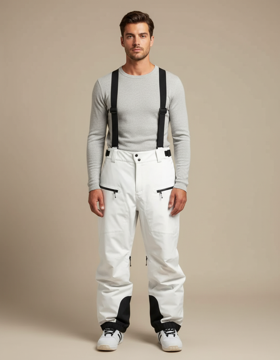 Pantalon Blanc Ski Imperméable Coupe-vent Homme Bretelles - Polyester