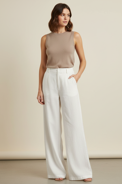 Pantalon Blanc Fluide Lin Ample Taille Haute