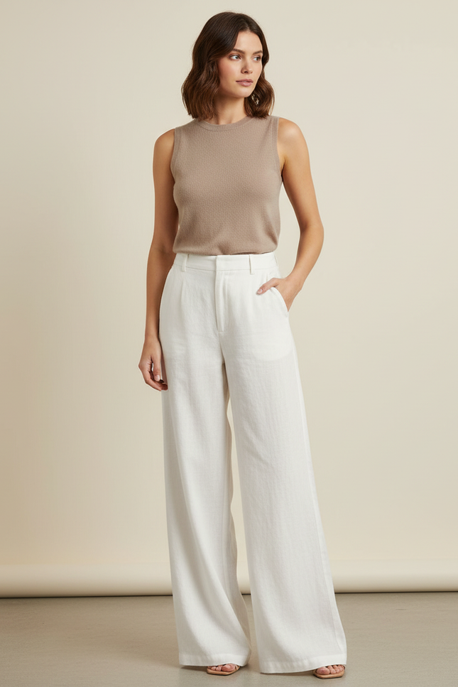 Pantalon Blanc Fluide Lin Ample Taille Haute