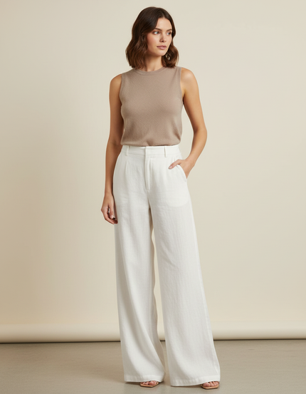 Pantalon Blanc Fluide Lin Ample Taille Haute