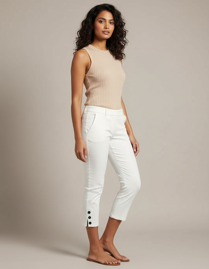 Pantalon Blanc Capri Stretch Boutonné Décontracté Femme - Coton