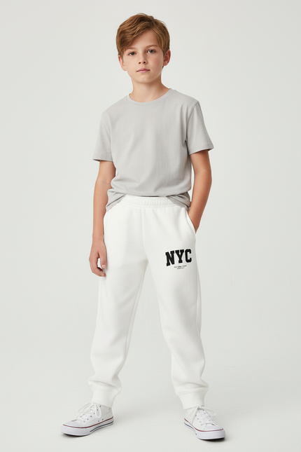 Pantalon Blanc Jogging Molletonné Imprimé NYC Garçon