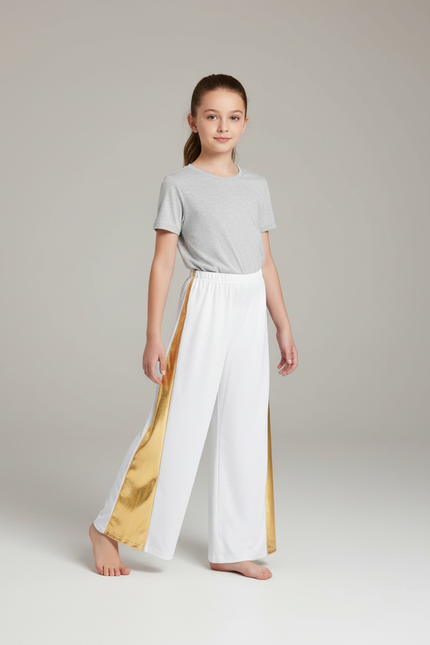Pantalon Blanc Large Doré Brillant Fille Danse - Polyester