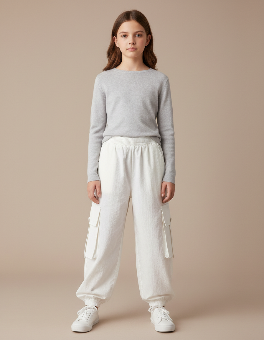 Pantalon Blanc Cargo Ample Enfant Sport Décontracté - Molleton