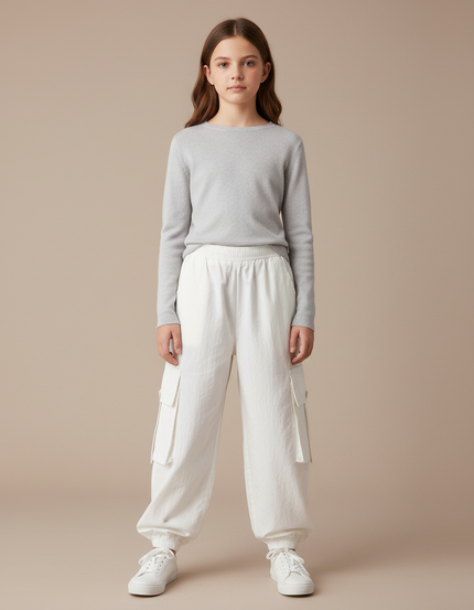 Pantalon Blanc Cargo Ample Enfant Sport Décontracté - Molleton