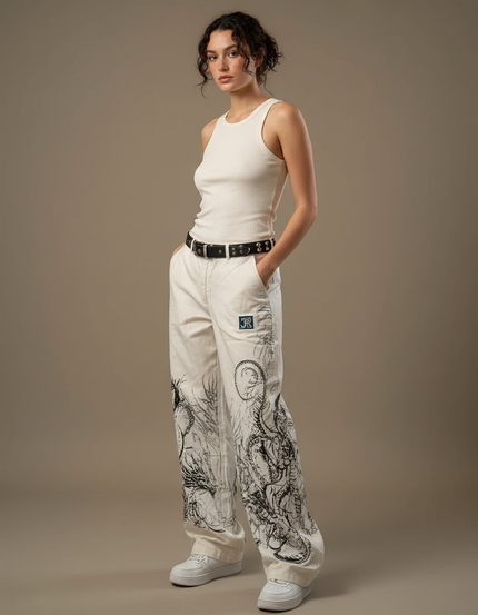 Pantalon Blanc Cargo Imprimé Dragon Streetwear Ample - Toile