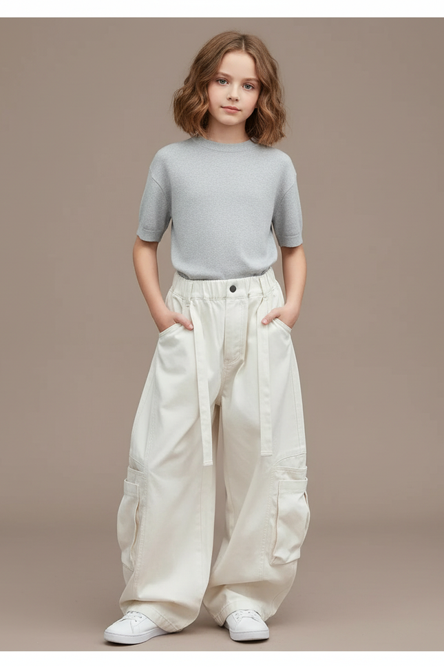 Pantalon Blanc Ample Cargo Décontracté Enfant Coton - Toile