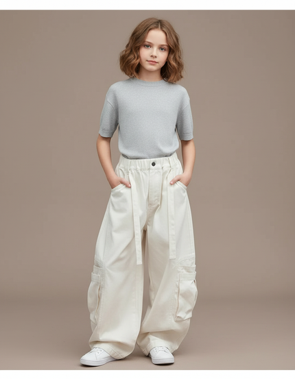 Pantalon Blanc Ample Cargo Décontracté Enfant Coton - Toile