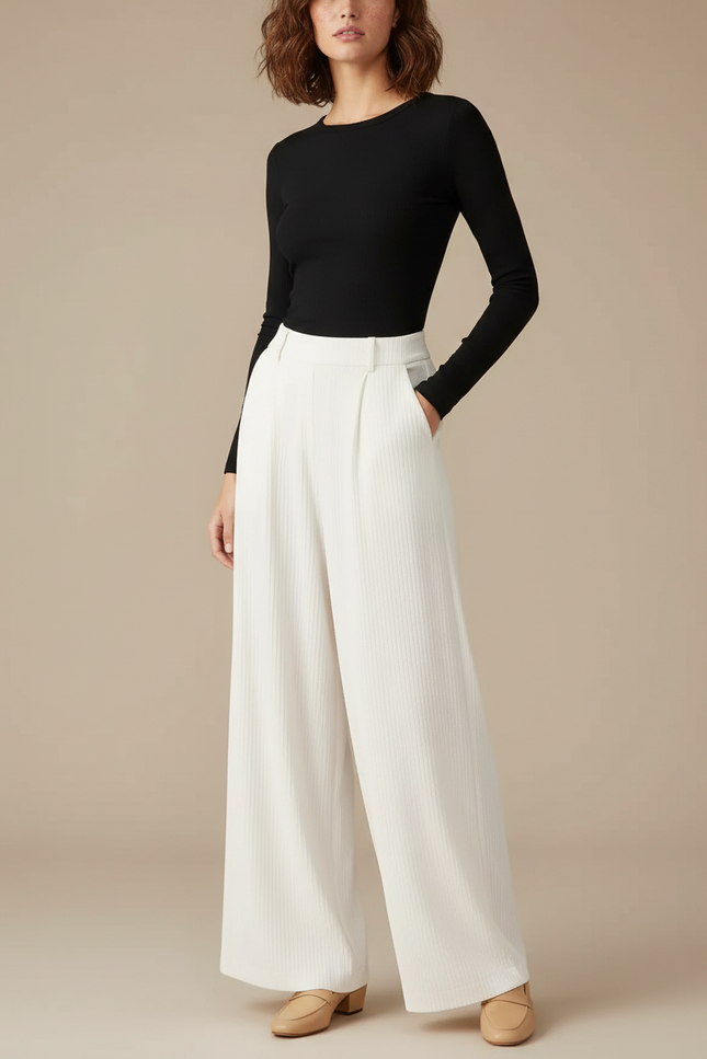 Pantalon Blanc Côtelé Ample Décontracté Fluide - Cordé