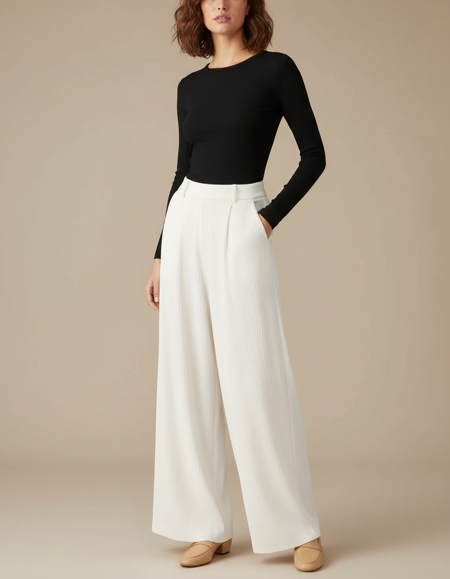 Pantalon Blanc Côtelé Ample Décontracté Fluide - Cordé
