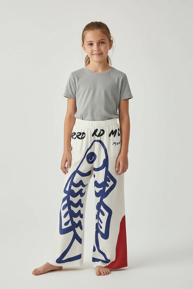 Pantalon Large Bleu Et Blanc - Multicolore Lin