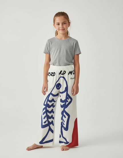 Pantalon Large Bleu Et Blanc - Multicolore Lin