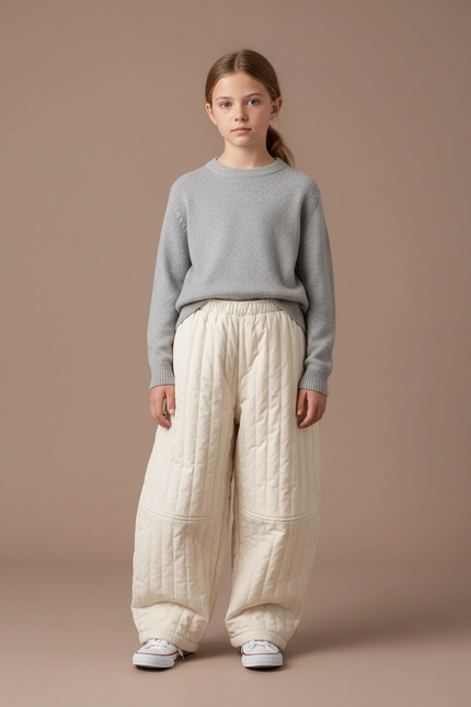 Pantalon Blanc Matelassé Ample Enfant Chaud Décontracté - Beige Molleton