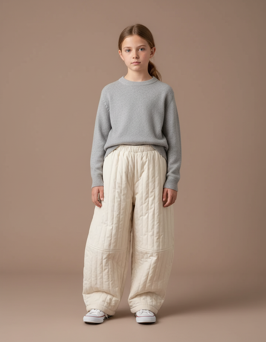 Pantalon Blanc Matelassé Ample Enfant Chaud Décontracté - Beige Molleton