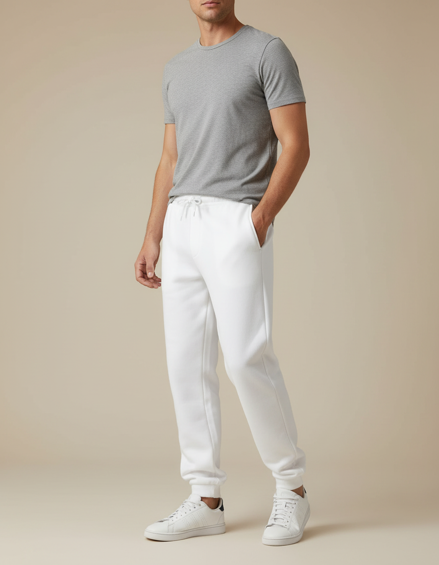 Pantalon Blanc Molletonné Homme Jogger Sport Décontracté