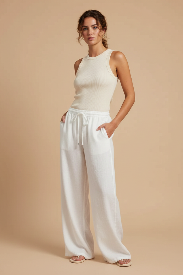 Pantalon Lin Blanc Taille Elastique