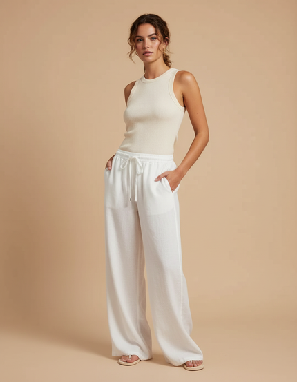 Pantalon Lin Blanc Taille Elastique
