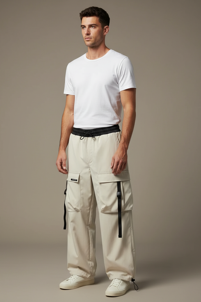 Pantalon Blanc Cargo Ample Ceintures Détachables - Beige Polyester