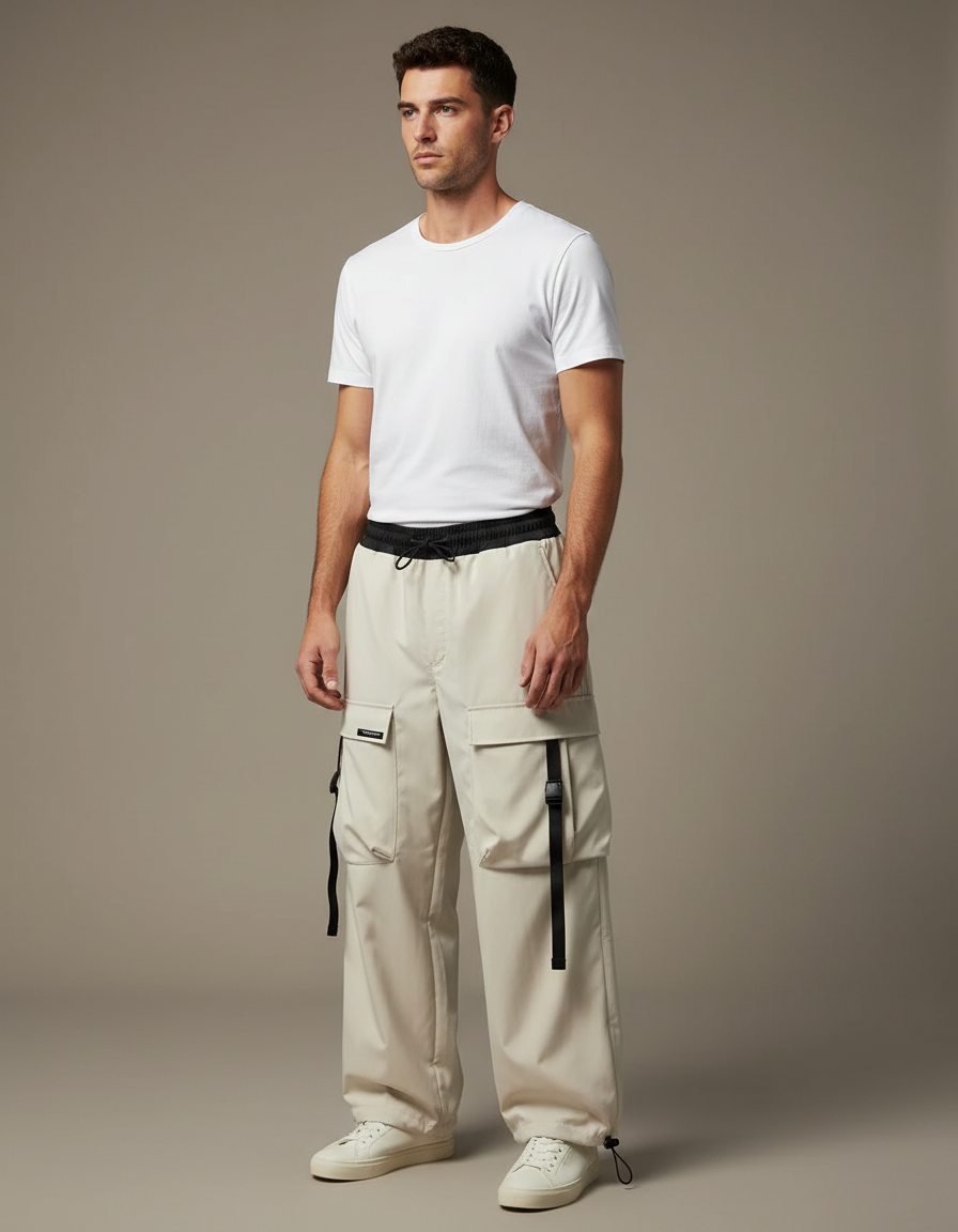 Pantalon Blanc Cargo Ample Ceintures Détachables - Beige Polyester