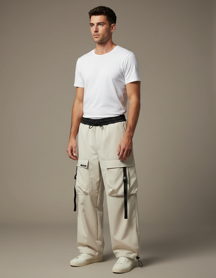 Pantalon Blanc Cargo Ample Ceintures Détachables - Beige Polyester