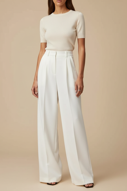 Pantalon Blanc Fluide Taille Haute Jambe Large Femme - Polyester