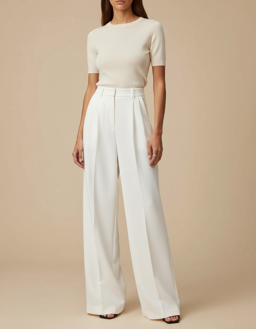 Pantalon Blanc Fluide Taille Haute Jambe Large Femme - Polyester