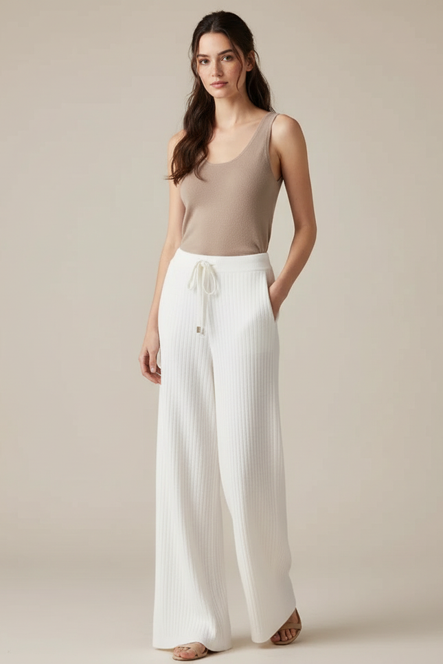 Pantalon Blanc Ample Tricot Côtelé Cordon Décontracté - Maille
