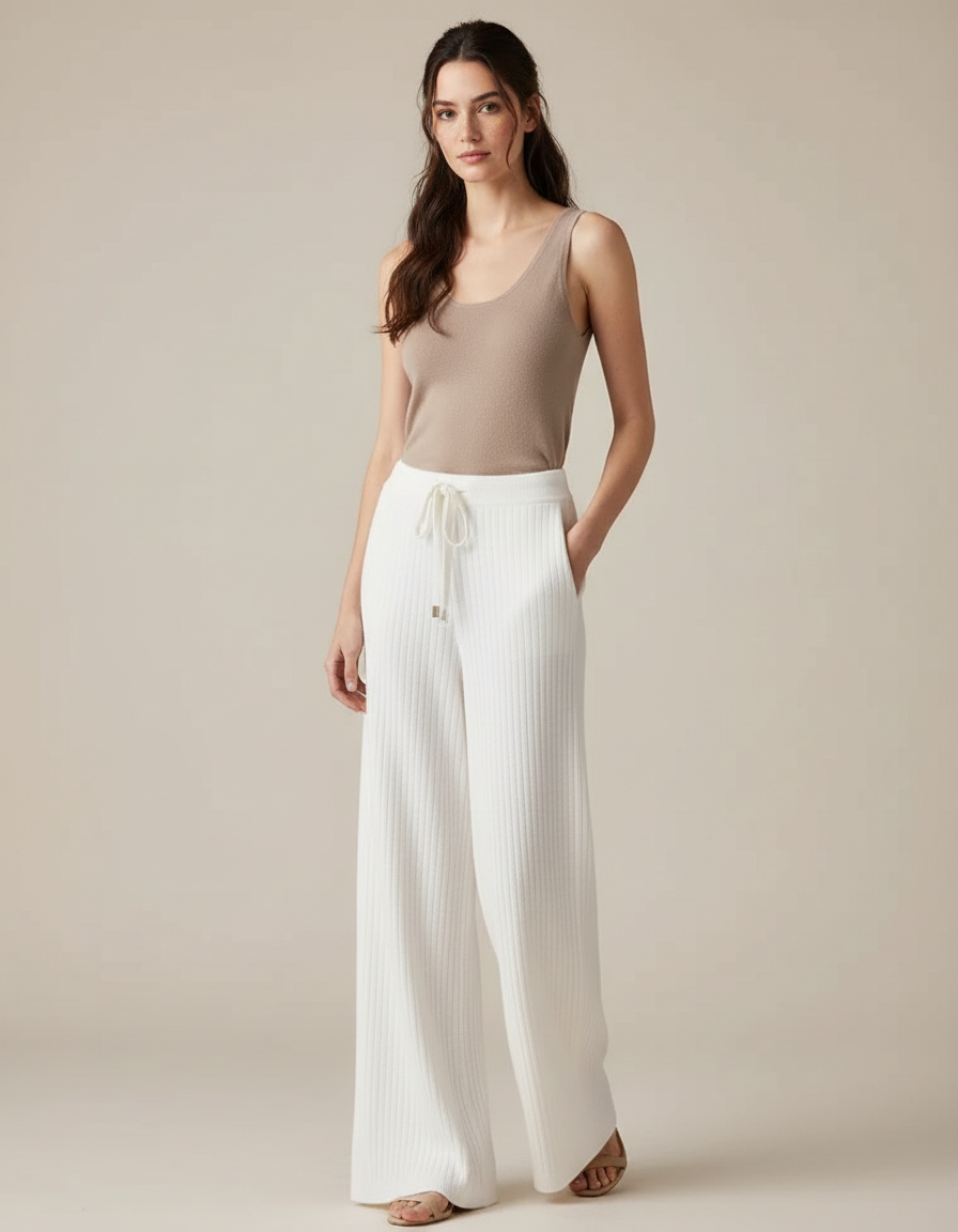 Pantalon Blanc Ample Tricot Côtelé Cordon Décontracté - Maille
