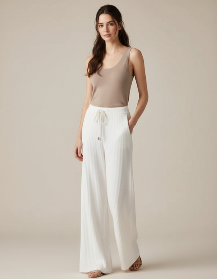 Pantalon Blanc Ample Tricot Côtelé Cordon Décontracté - Maille