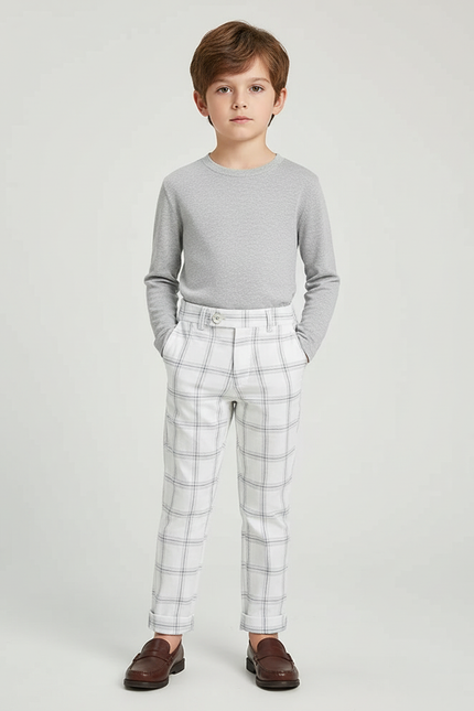 Pantalon Blanc Carreaux Gris Droit Garçon Élégant - Gabardine