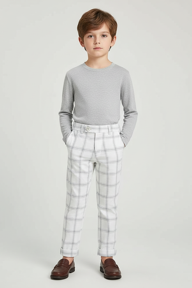 Pantalon Blanc Carreaux Gris Droit Garçon Élégant - Gabardine