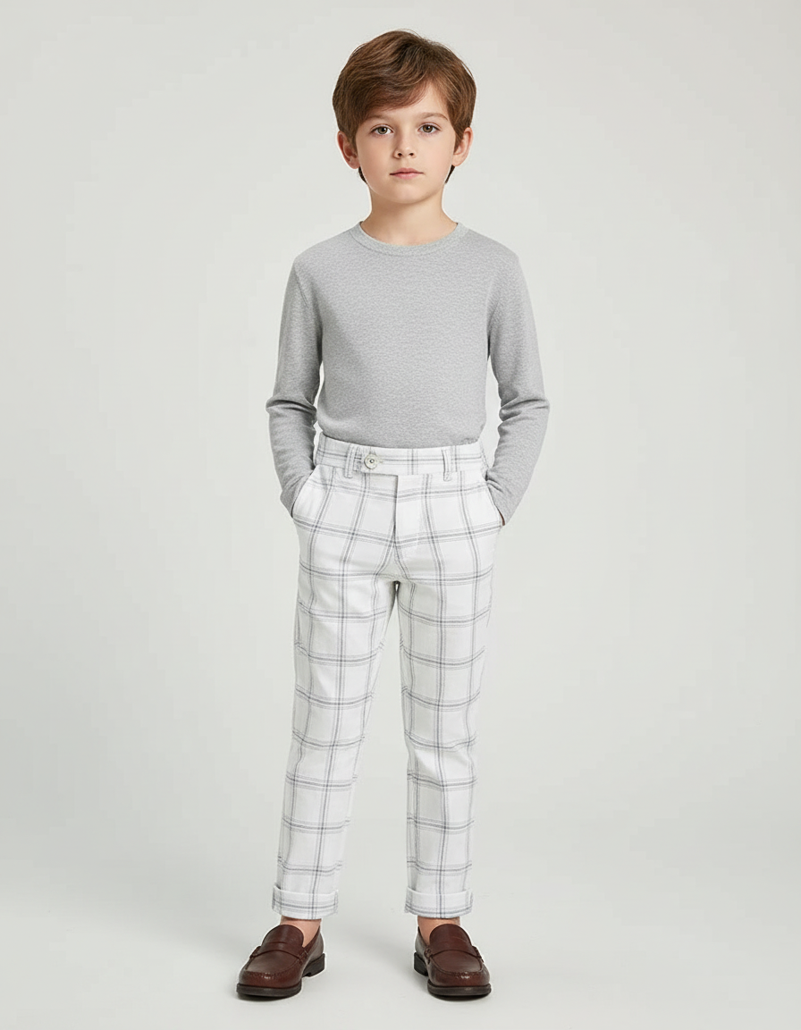Pantalon Blanc Carreaux Gris Droit Garçon Élégant - Gabardine