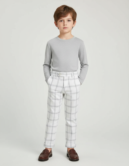 Pantalon Blanc Carreaux Gris Droit Garçon Élégant - Gabardine