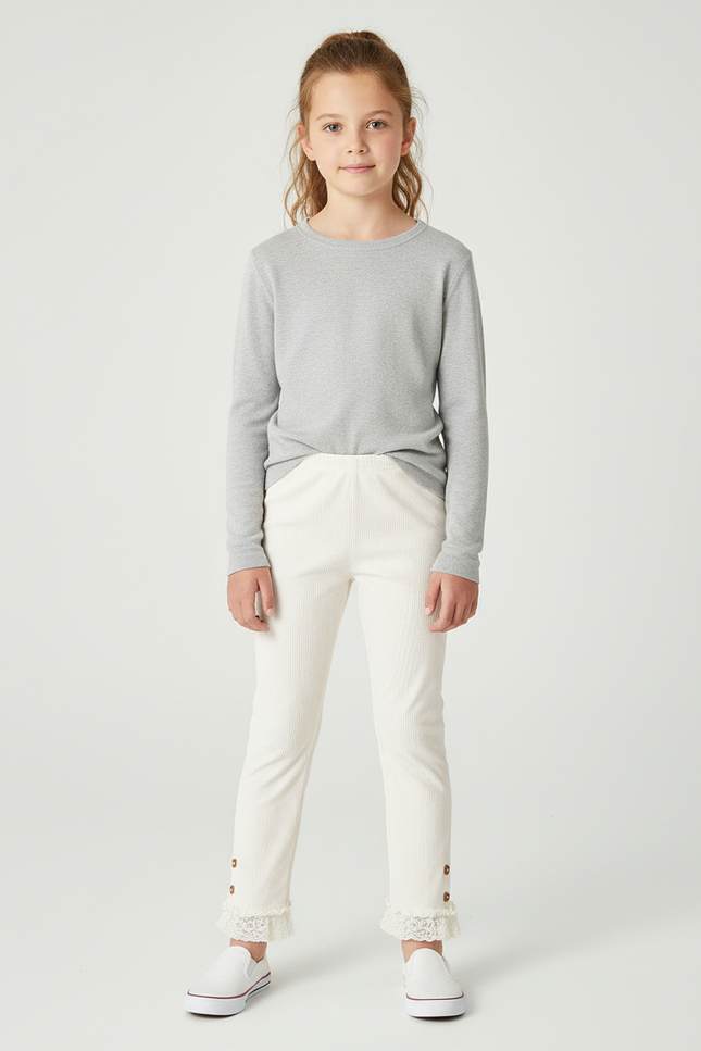 Pantalon Blanc Côtelé Dentelle Boutons Fille Confortable - Cordé