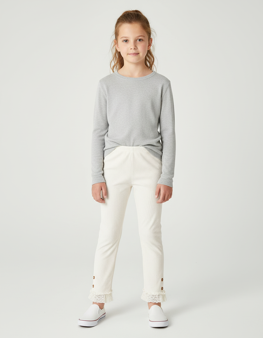 Pantalon Blanc Côtelé Dentelle Boutons Fille Confortable - Cordé